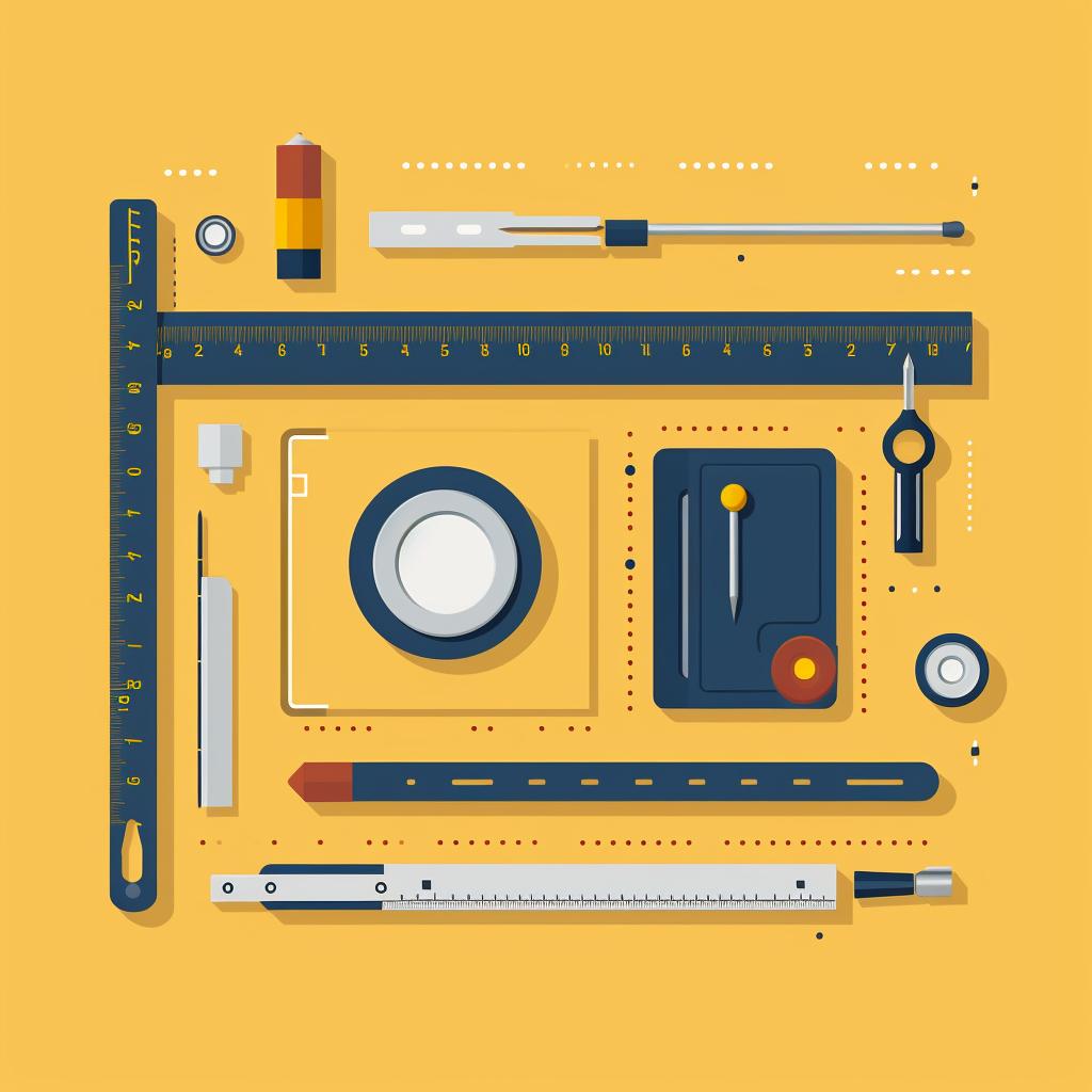 A flat surface with level, measuring tape, pencil, adhesive, and cutting tool