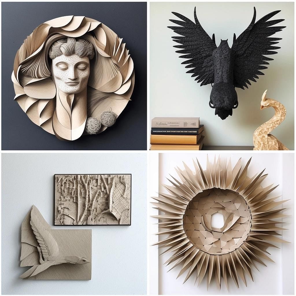 A collage of various DIY 3D wall art projects, including a paper mache sculpture, a geometric wall art piece, a fabric wall art creation, and an upcycled wall art made from old book pages.