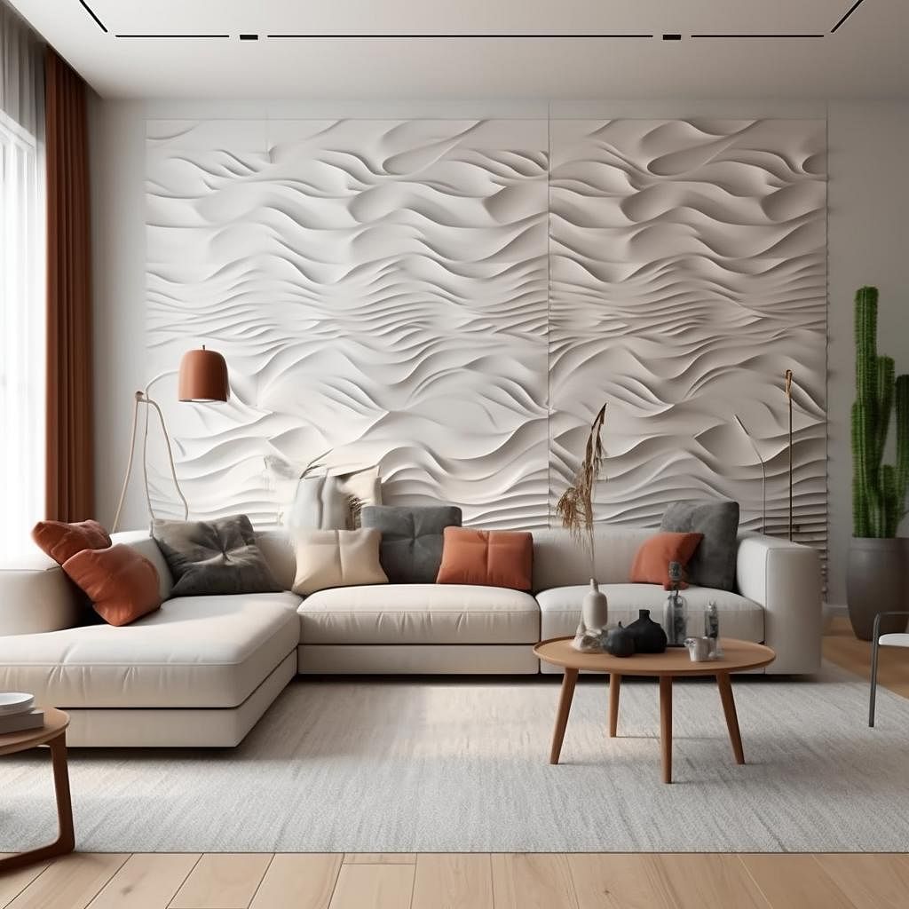 A stylish living room featuring various types of 3D wall art, including textured panels, sculptural art, wall decals, mosaic tiles, and 3D wallpaper, showcasing the endless possibilities for transforming your living space.