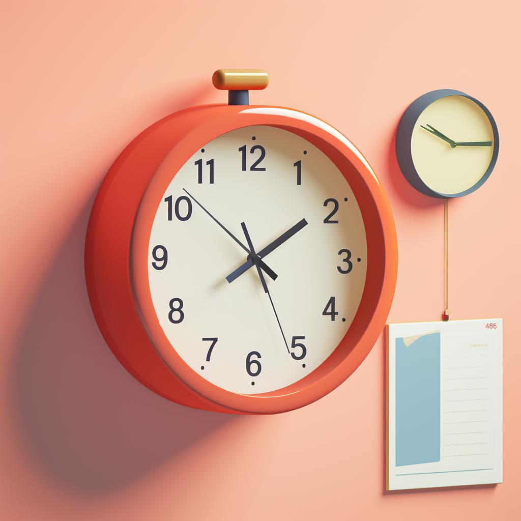 A clock hanging on a 3D wall panel, with a note indicating a one-hour wait time